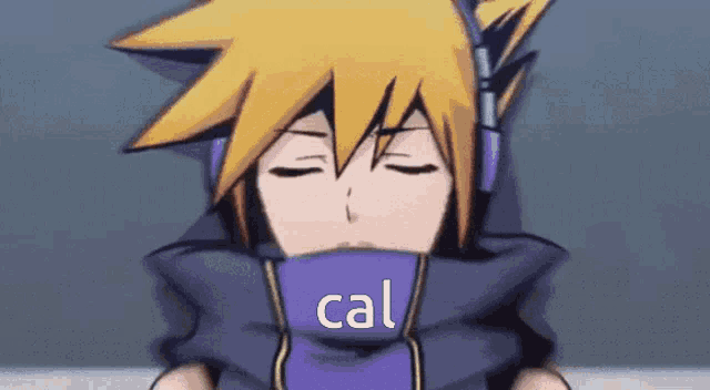 a cartoon character wearing headphones and a purple scarf with the word cal written on it