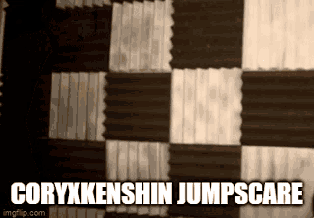 a black and white photo of a wall with the words corykkenshin jumpscare written on it