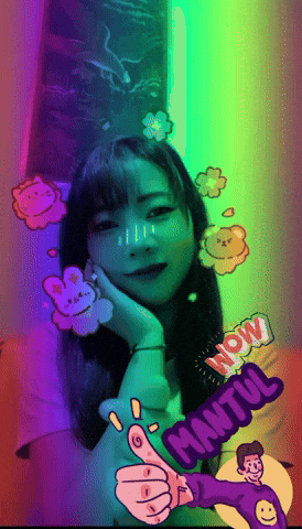a woman 's face is surrounded by colorful stickers including one that says wow mantiul