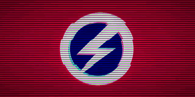 a blue lightning bolt in a white circle on a red background .