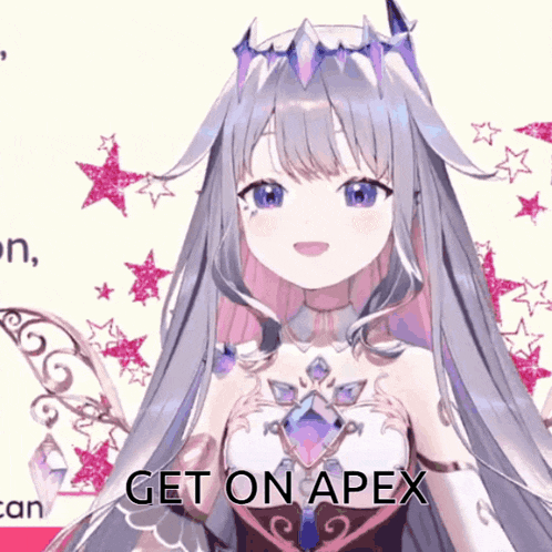 a girl with purple hair and a crown on her head says " get on apex "