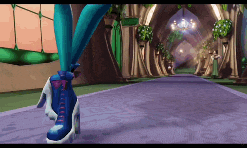 a cartoon of a girl walking down a hallway with a sign that says ' fairy tale ' on it