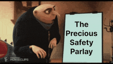 gru from despicable me stands in front of a white board that says the precious safety parlay