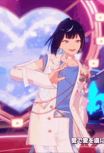 a girl in a blue shirt and white coat is dancing