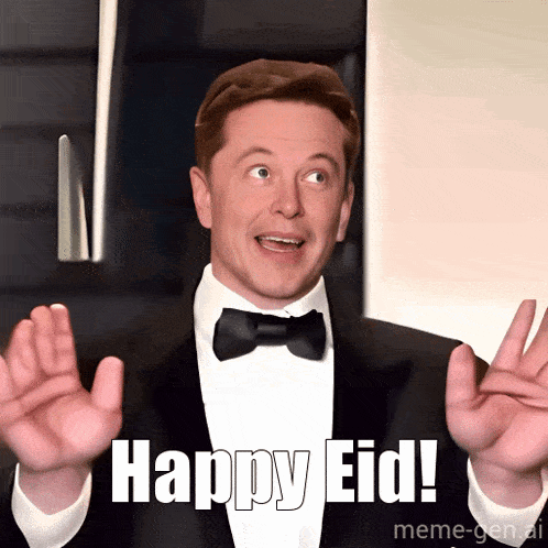 a man in a tuxedo says " happy eid " with his hands up