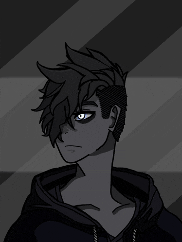a black and white drawing of a boy with a hoodie on