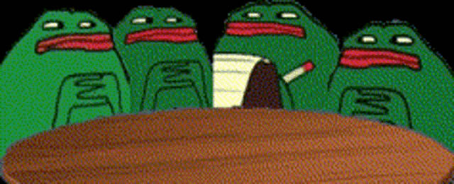 a group of frogs are sitting around a wooden table