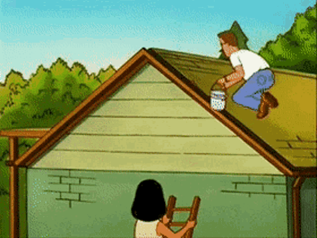 a man is painting the roof of a house while a woman holds a ladder