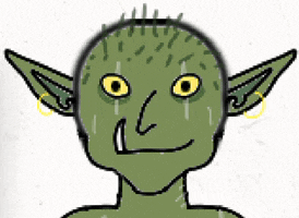a drawing of a green goblin with yellow eyes and teeth