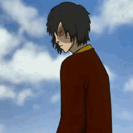 a cartoon of a man standing in front of a blue sky with clouds .