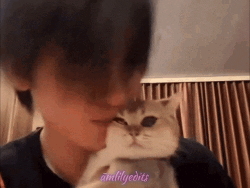 a man is holding a cat in his arms and kissing it .