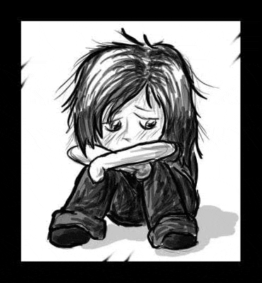 a black and white drawing of a sad girl kneeling down with her hand on her face .