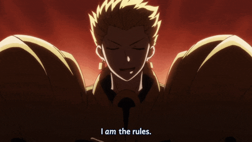 a man in a gold armor says i am the rules