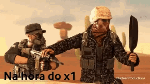 a cartoon of two soldiers with the words na hora do x1 in the bottom right corner