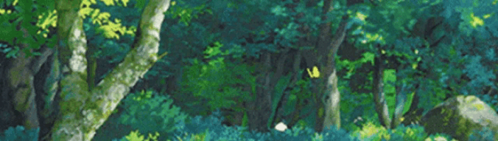 a painting of a lush green forest with trees and bushes