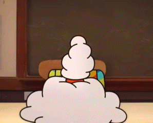 a cartoon character sitting in front of a chalkboard