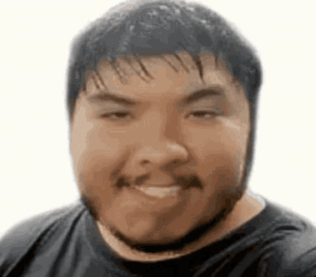 a close up of a man with a beard smiling .
