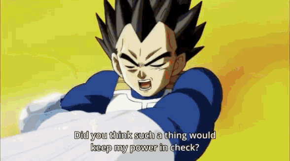 a cartoon character with the words " did you think such a thing would keep my power in check "