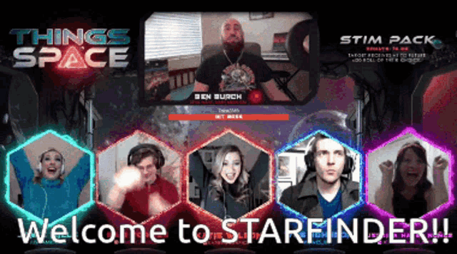 a group of people are standing in front of a screen that says things space