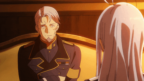 a man in a military uniform is sitting next to a girl with long white hair