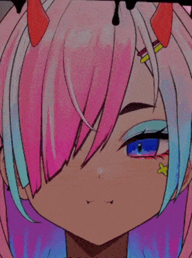 a close up of a girl 's face with pink and blue hair