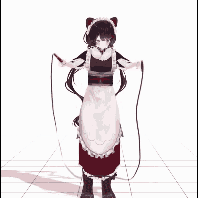 a girl in a maid outfit is standing on a tile floor