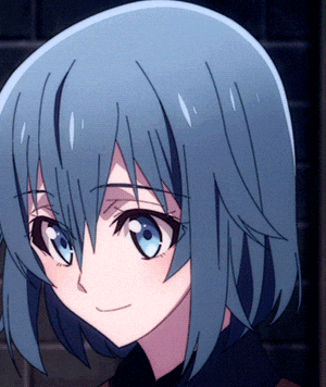 a close up of a blue haired anime girl with blue eyes