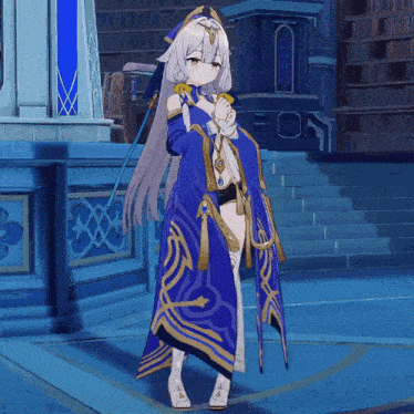 a girl in a blue and gold dress is standing in a room