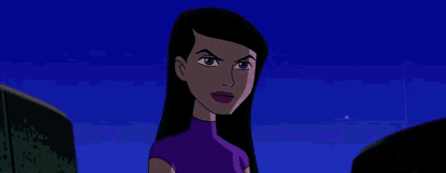 a woman in a purple outfit is surrounded by pink bubbles in a cartoon .