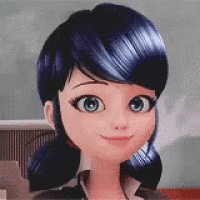a close up of a cartoon character with blue hair and green eyes smiling .
