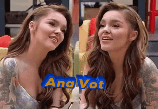 two pictures of a woman with ana vot written in blue letters