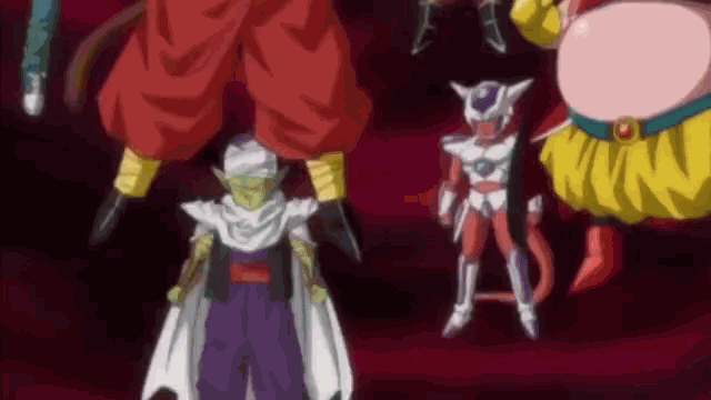 a group of dragon ball z characters standing next to each other in a dark room .