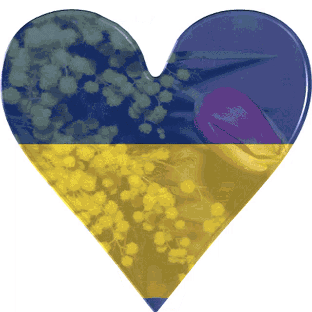 a heart with yellow and blue flowers and a purple tulip inside