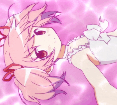 a girl with pink hair and a white dress is laying on a pink surface