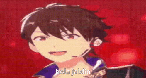 a close up of a cartoon character with a red background and the words `` hola jaidin '' written on it .