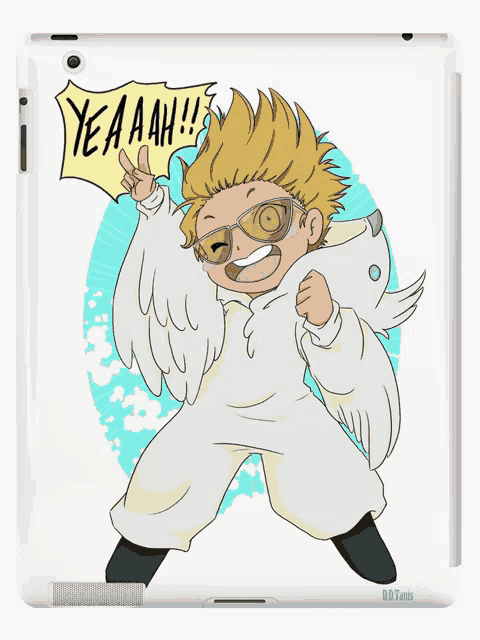 a cartoon drawing of a boy with wings and the words yeaaah