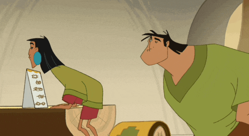 a couple of cartoon characters standing next to each other one of which is looking at something