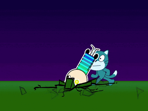 a cartoon of a cat walking in front of a purple wall