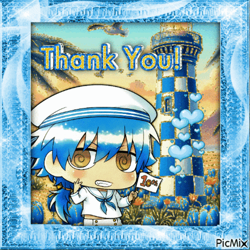 a thank you card with a lighthouse and hearts