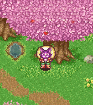 a pixel art of a person standing in front of a tree with pink flowers