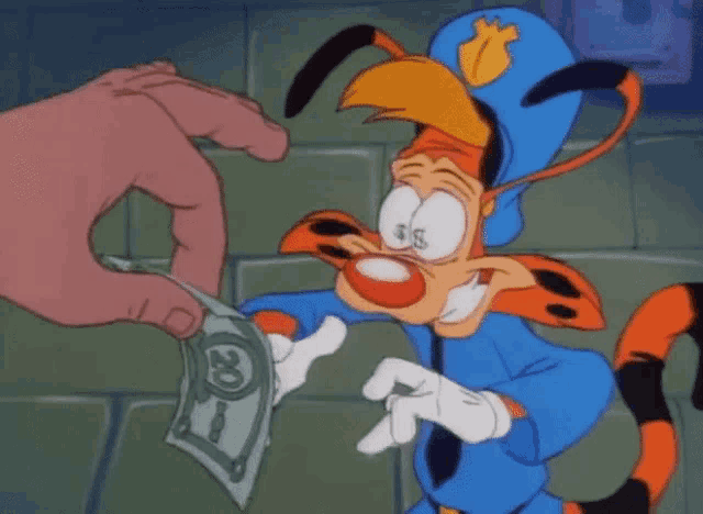 a cartoon character in a police uniform is being handed a 20 dollar bill