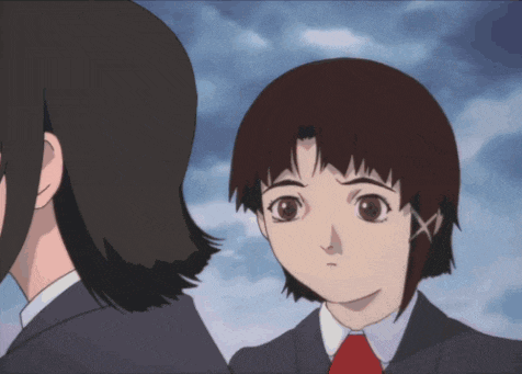 two anime characters are looking at each other and one has a red tie on