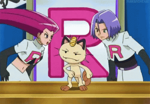 a group of cartoon characters are standing around a table with a cat standing in front of a pink letter r .