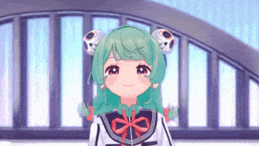 a cute anime girl with green hair and skull ears is smiling in front of a bridge .