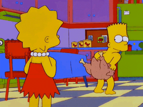 bart simpson and lisa simpson in a kitchen with a chicken on bart 's back