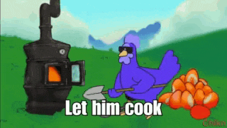 a cartoon chicken is holding a shovel next to a pile of eggs .