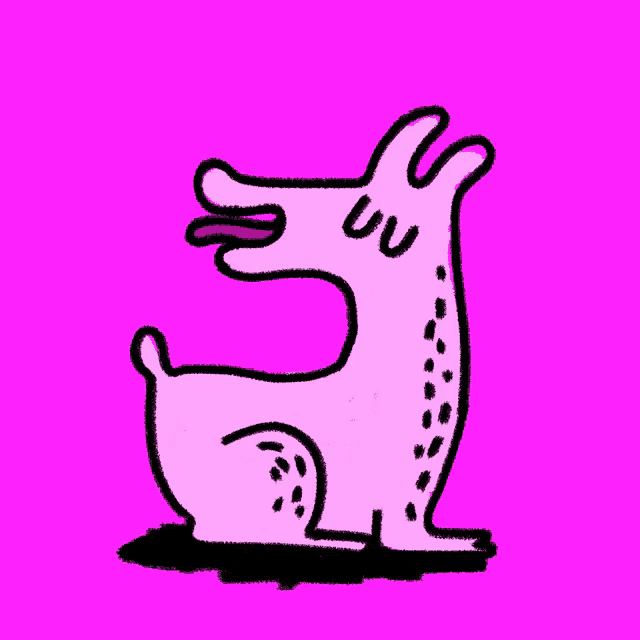 a cartoon drawing of a deer with its tongue out on a pink background