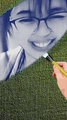 a person is painting a picture of a smiling woman with glasses