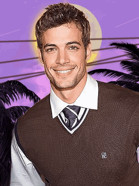 a man wearing a sweater vest with a ch logo on the chest