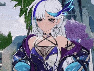 a girl with white hair and blue streaks is wearing a blue jacket
